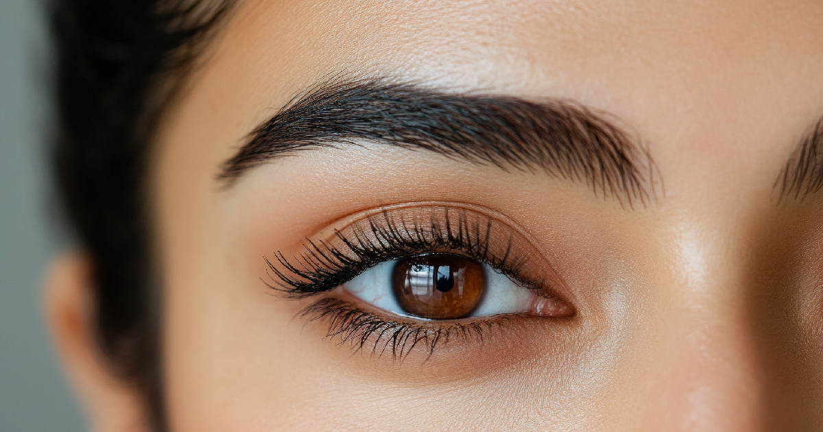 Close-up of a woman's eye showcasing defined lashes and perfectly tinted brows after Brow & Lash Tinting in Whitefish, MT